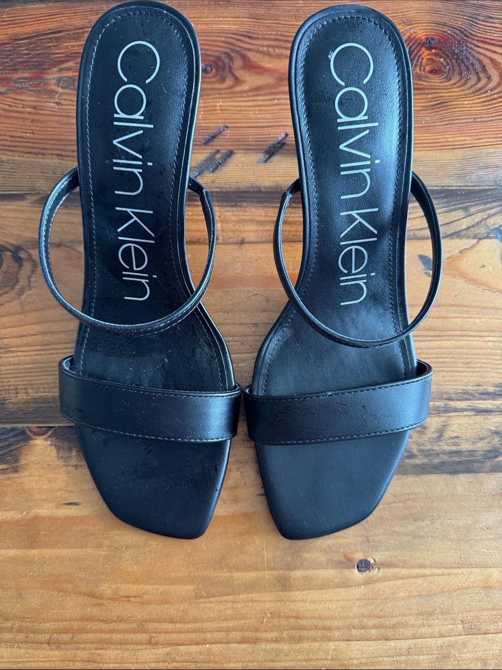 Calvin Klein Black Square-Toe Slide Heels with Ankle Strap